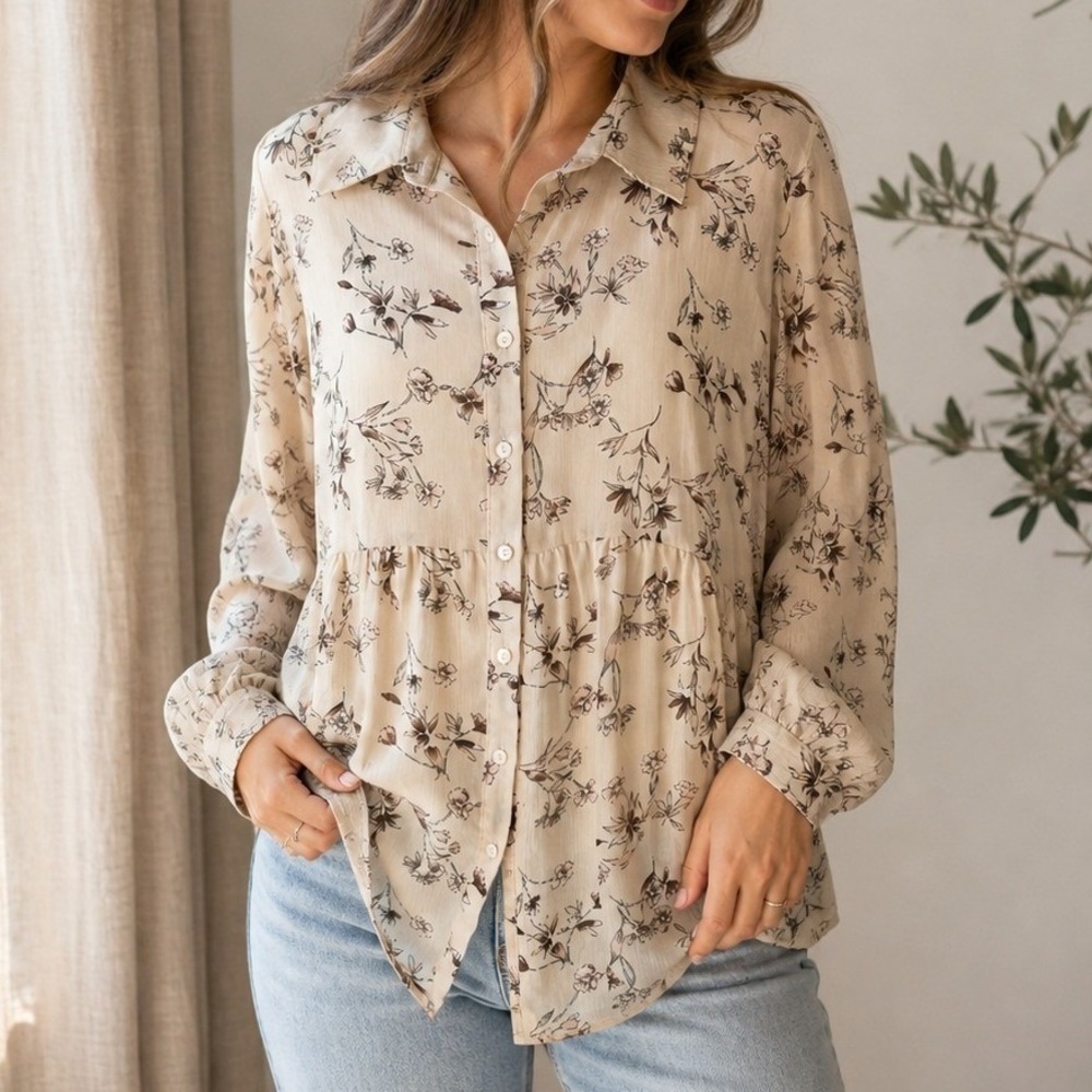 See And Be Seen Womens Cream Floral Long Sleeve Button Front Babydoll Top Size M